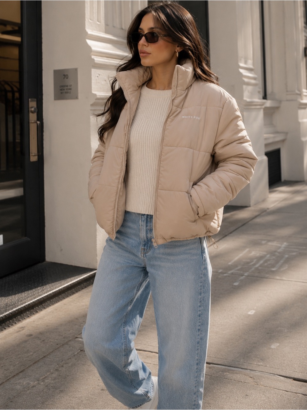White Fox Not Giving In Cropped Puffer Jacket Sand Beige S/M Minimalist